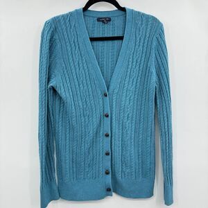 Lands' End Cable Knit Cardigan - Teal Blue